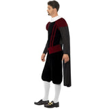Tudor Lord Deluxe Costume, black and red tunic, neck frill, britches and cape.
