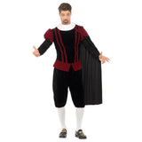 Tudor Lord Deluxe Costume, black and red tunic, neck frill, britches and cape.