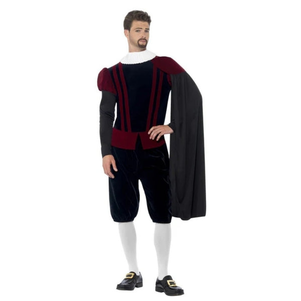 Tudor Lord Deluxe Costume with tunic, trousers, cape, and neck ruffle – regal Elizabethan outfit for historical events and Shakespeare themes.
