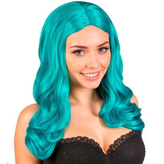 Turquoise Roxy wig with long soft curls and centre part