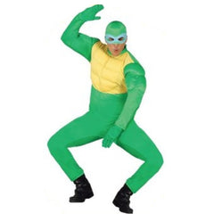 Turtle costume for adults, green jumpsuit with padded yellow chest, green hood with attached blue mask.