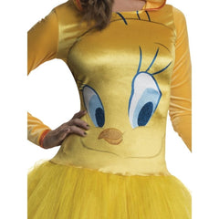 Adult Tweety Pie costume with tutu dress, hood, and leg warmers – perfect for cartoon character parties