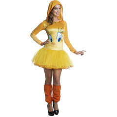 Adult Tweety Pie costume with tutu dress, hood, and leg warmers – perfect for cartoon character parties