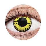 Close-up of a colored contact lens with yellow and black design