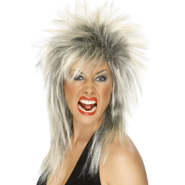 Two-tone blonde with black roots mullet wig, combining rock star and retro style.