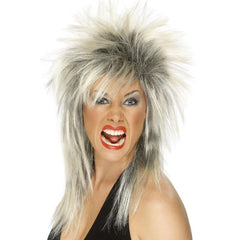 Two-tone blonde with black roots mullet wig, combining rock star and retro style.
