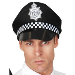 UK police-style cap with vinyl visor, checkered band, and silver badge – adult size