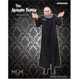 Uncle fester addams family costume adult, long black cloak with logo and bald cap