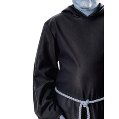 Uncle Fester Addams Family child costume with black hooded robe belt and character mask