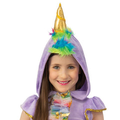 Girl wearing a rainbow unicorn costume with matching hood and gold unicorn horn for Book Week, Halloween or fantasy dress-up.