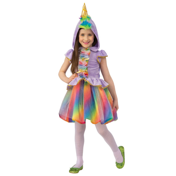 Girl wearing a rainbow unicorn costume with matching hood and gold unicorn horn for Book Week, Halloween or fantasy dress-up.