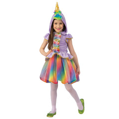 Girl wearing a rainbow unicorn costume with matching hood and gold unicorn horn for Book Week, Halloween or fantasy dress-up.