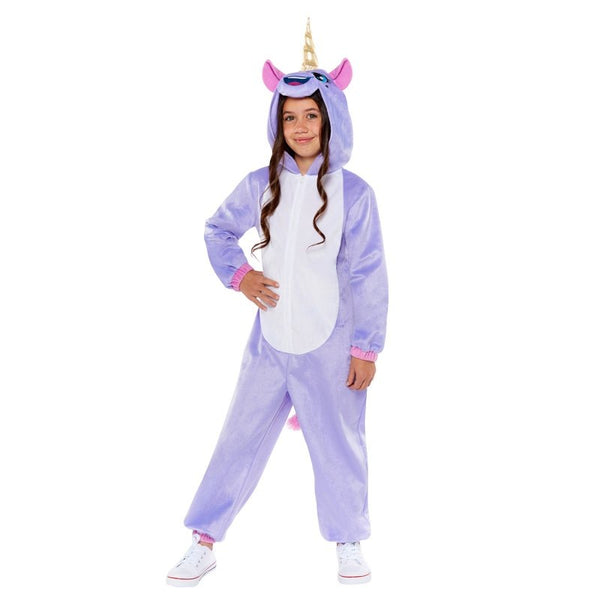 unicorn onesie child costume in lavender with white tummy and attached hood with horn and attached pink tail