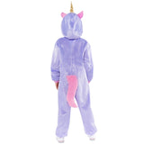 Unicorn onesie with fluffy pink tail and pink ears, gold horn.