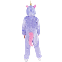 unicorn onesie child costume in lavender with white tummy and attached hood with horn and attached pink tail
