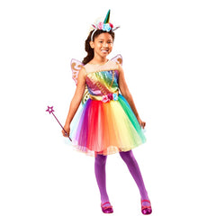 Girl wearing a unicorn rainbow tutu costume with fairy wings, unicorn headband and wand for Book Week or fantasy dress-up.