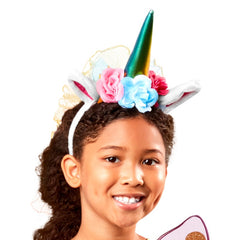 Girl wearing a unicorn rainbow tutu costume with fairy wings, unicorn headband and wand for Book Week or fantasy dress-up.