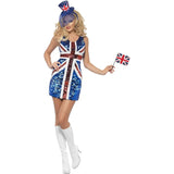 Another front view of the Rule Britannia shift dress, highlighting the sparkling Union Jack sequin design on the front and the sleeveless, above-the-knee fit.