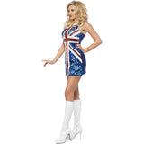 Side view of the Rule Britannia shift dress showing the sequined Union Jack flag on the front and the transition to the plain blue fabric on the back.