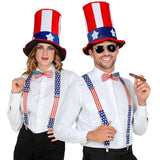 Two people wearing American-themed hats, suspenders, and bow ties on a white background.
