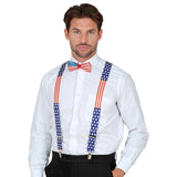 Man wearing a white shirt with American flag suspenders and bow tie on a white background