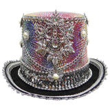 Utopia Dreamworld rainbow and silver top hat with sequins, faux pearls and jewel embellishments
