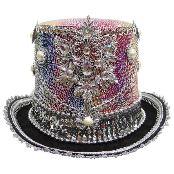Utopia Dreamworld rainbow and silver top hat with sequins, faux pearls and jewel embellishments