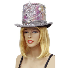 Utopia Dreamworld rainbow and silver top hat with sequins, faux pearls and jewel embellishments