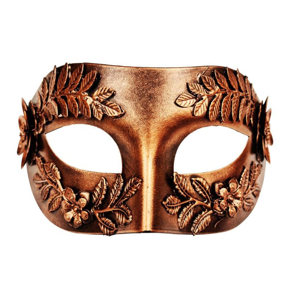 Copper masquerade mask with Roman-style leaves and 3D flowers