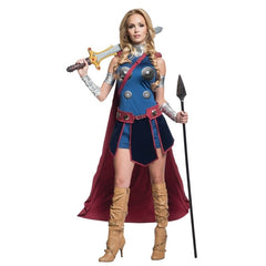 Valkyrie costume with cape, printed armour dress, gauntlets, and belt – Marvel superhero cosplay outfit