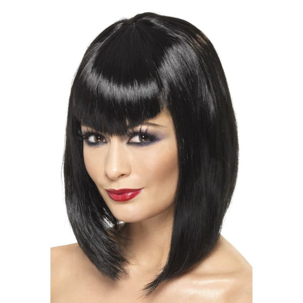 Vamp Wig, Black, shoulder length long bob with slight V shape fringe.