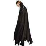 Vampire - Mens, long black cape with jagged hemline, and red collar lining. Red velvet waistcoat, and white cravat.