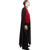 Vampire - Mens, long black cape with jagged hemline, and red collar lining. Red velvet waistcoat, and white cravat.