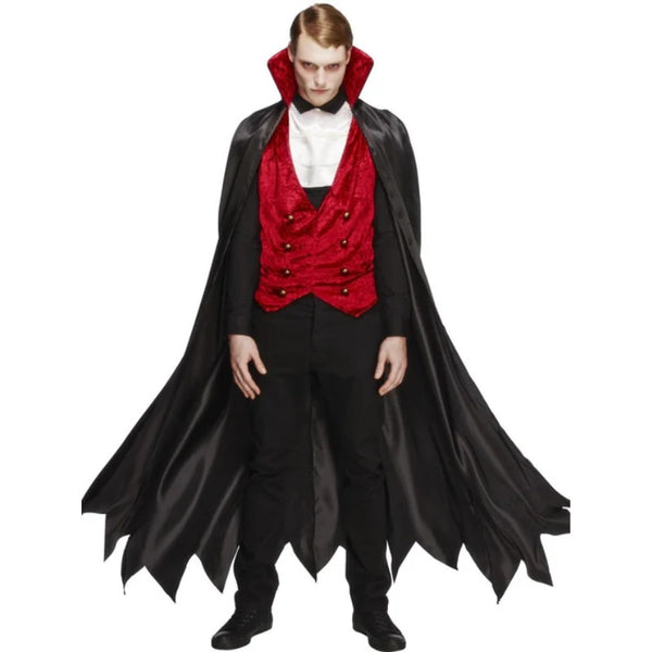 Adult vampire costume with long cape, red velveteen lining, waistcoat, and cravat – classic Dracula Halloween outfit