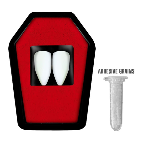 Vampire fangs kit with coffin tray and thermoplastic adhesive grains for Halloween costumes