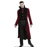Vampire men’s costume with long red coat, vest, and scarf – gothic Halloween outfit.