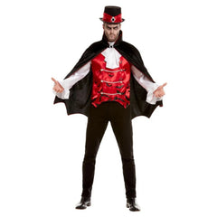 Vampire Men's Costume - Smiffys, shirt with attached mock red waiscoat with bat prints, cape with scallopped bottom.