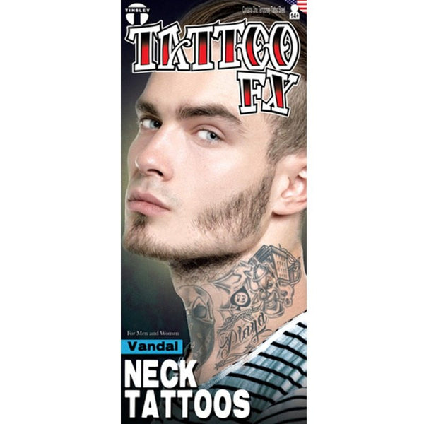 Vandal Neck Tattoos by Tinsley FX featuring skull, bullets, spider and barbed wire temporary tattoo designs.