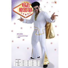 Vegas Rockstar Male Costume, white jumpsuit, high collar, attached cape with gold lining, and gold flare in pants plus fringed belt.