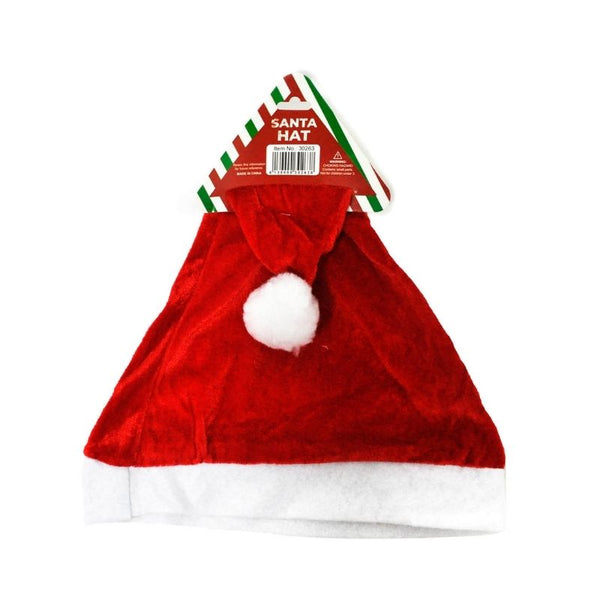 Red velvet Santa hat with white felt trim and pom pom