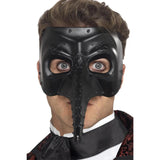 Black Venetian gothic Capitano mask with satin finish, patterned design, and long pointed nose for masquerade or gothic costumes