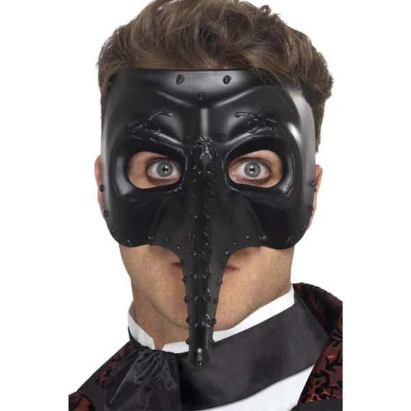 Black Venetian gothic Capitano mask with satin finish, patterned design, and long pointed nose for masquerade or gothic costumes
