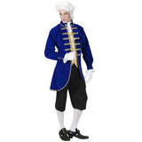 Long blue venetian nobleman costume with gold brocade attached vest