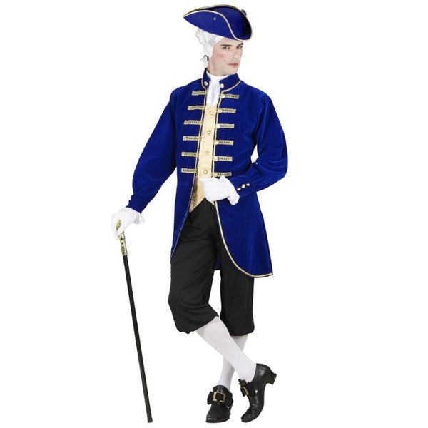 Person wearing a blue colonial-style costume with a tricorn hat on a white background