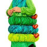 Close-up of The Very Hungry Caterpillar costume showing the colourful padded caterpillar tummy detail