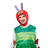 The Very Hungry Caterpillar Adult Costume – close-up of headpiece featuring soft antennae, character eyes and nose, with Velcro strap fastening under the chin.