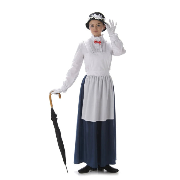 Victorian nanny adult costume front view blouse skirt apron and hat
