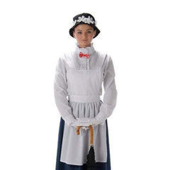 Victorian nanny adult costume with blouse, grey skirt, apron, gloves and floral hat – Book Week outfit