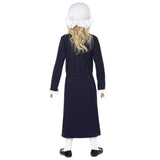 Back profile of Victorian Poor Girl, navy long girls dress with attached apron and mop hat.