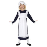 Child wearing a Victorian Poor Girl costume with apron and mop hat for Book Week and Australian History dress-up.
